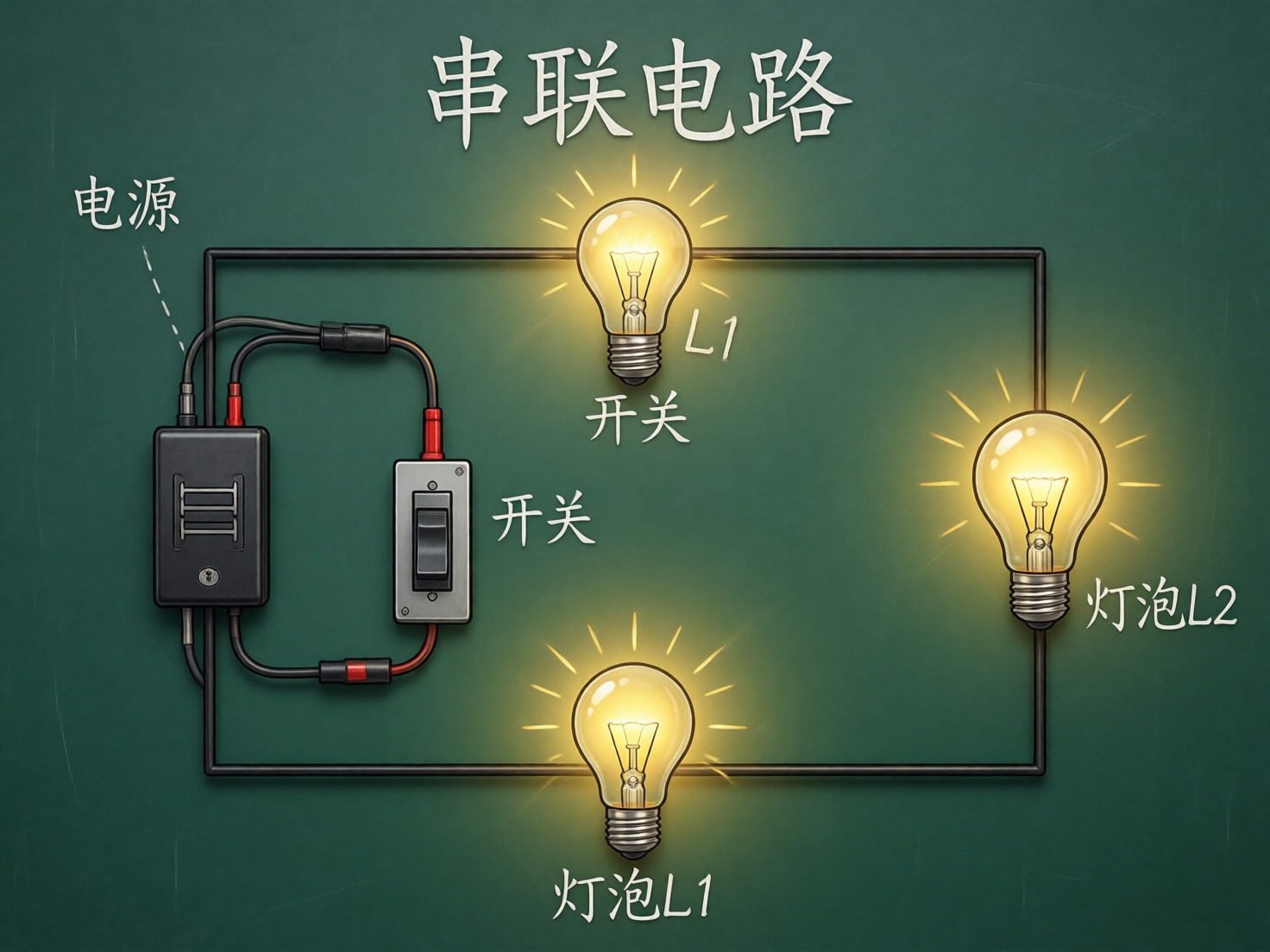 画面中展示了一张以深绿色黑板为背景的物理电路示意图，主题为“串联电路”。图中包含一个电源盒、一个开关和三个正在发光的黄色灯泡，它们通过黑色的导线连接在一个矩形回路中。文字标注采用白色手写体，分布在各个元件旁边。

然而，作为一张 AI 生成的图片，画面存在明显的逻辑和视觉缺陷。首先，电路连接方式极其混乱且不符合物理常识：导线在左侧电源和开关处出现了多余的环路，且部分导线直接穿过了灯泡的玻璃外壳而非连接在底座上。其次，文字标注存在严重错误和重复，例如上方灯泡被标注为“开关”和“L1”，下方灯泡标注为“灯泡L1”，右侧则是“灯泡L2”，逻辑前后矛盾。此外，电源盒上的符号模糊不清，导线的接头处也出现了结构断裂和透视异常，无法构成一个真实的闭合回路。
