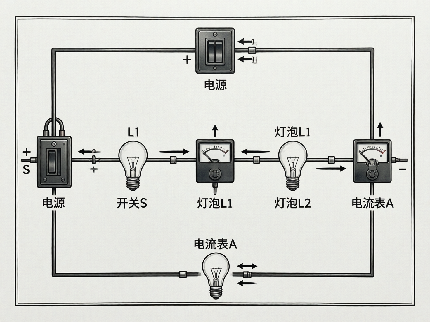 图中展示了一张试图模拟物理电路图的示意图，整体风格为黑白素描感，背景为浅灰色。画面中分布着电源开关、灯泡、电流表等元件，并由黑色线条连接。然而，这张图片存在严重的 AI 生成逻辑错误和文字混乱。

在构图上，电路元件的排列显得杂乱无章。画面左侧和顶部各有一个标注为“电源”的开关盒，但连接方式不符合现实电路逻辑。中间横向排列着灯泡和仪表，但文字标注完全错乱：例如，一个灯泡下方标注着“开关S”，而一个电流表下方却标注着“灯泡L1”。此外，画面中出现了多处重复且矛盾的标签，如“灯泡L1”出现了三次，分别指向不同的元件。

明显的 AI 缺陷包括：文字拼写和指向完全错误，导线在连接处断裂或重叠，电流表盘的指针和刻度模糊不清。最底部的灯泡甚至直接切断了导线，且下方标注着“电流表A”，完全丧失了教学参考价值。整体透视虽然统一，但电路逻辑是完全错误的。