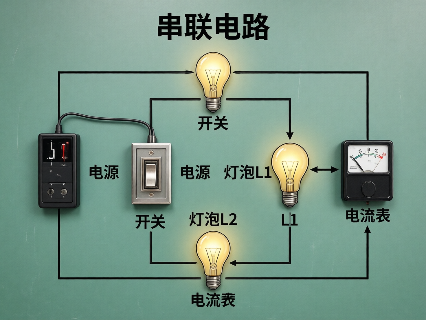 图中展示了一张以淡绿色墙面为背景的串联电路示意图，结合了实物模型与黑色线条标注。画面上方有“串联电路”四个大字。电路中包含一个黑色电源盒、一个银色边框的翘板开关、三个发光的黄色灯泡以及一个黑色的指针式电流表。整体构图呈矩形环绕，黑色导线连接着各个元件。

然而，作为 AI 生成的图片，画面存在严重的逻辑错误和标注混乱：首先，文字标注与物体完全对不上，例如最上方的灯泡被标注为“开关”，下方的灯泡被标注为“电流表”，而真正的开关旁却重复出现了“电源”字样。其次，电路连接不符合物理常识，导线直接穿过灯泡玻璃体而非连接灯座，且电流表的接线逻辑混乱，甚至出现了指向虚空的双向箭头。此外，电流表的刻度盘模糊不清，电源盒上的数字显示也呈破碎状。这些 AI 幻觉导致该图无法作为正确的物理教学参考。