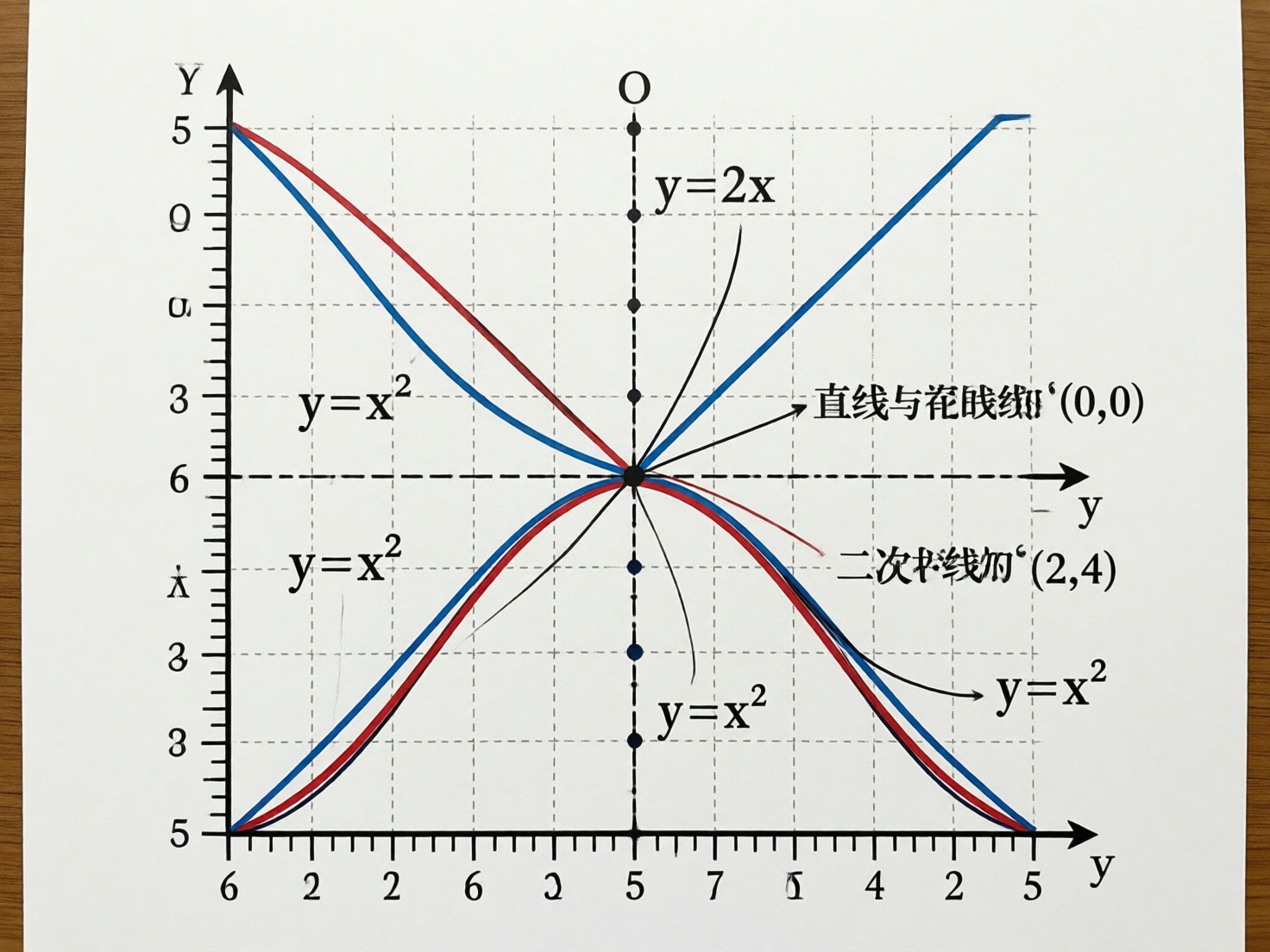 图中展示了一张试图呈现数学坐标系和函数图像的图表，背景为带有浅灰色网格线的白色纸张。画面中心有几条交汇的红色和蓝色曲线，呈现出类似抛物线的形状。然而，这张图片具有非常明显的 AI 生成错误。首先，坐标轴逻辑完全混乱：纵轴和横轴的标签多次重复出现数字「5」、「6」、「2」等，且排列毫无规律，甚至出现了倒置和变形的字符。其次，数学公式标注极其不准确，多个位置重复标注了「y=x²」，且指向的线条与函数性质不符。画面右侧的中文标注出现了严重的乱码和错别字，如「直线与花贱绑」和「二次P·线加」，这些词汇在数学语境下没有意义。整体构图虽然模仿了教学插图，但由于逻辑和文字的系统性错误，无法作为有效的数学参考资料。
