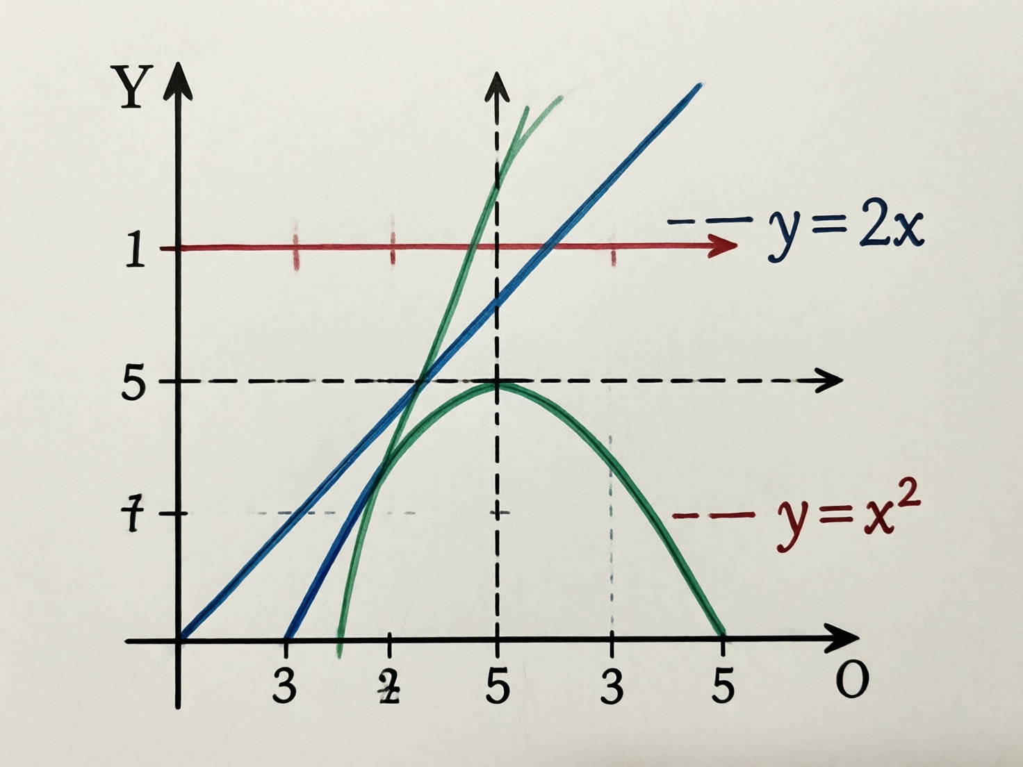 图中展示了一个在米白色背景上的数学坐标系图表，包含多条函数曲线和直线。画面左侧有一条黑色的纵轴 Y，底部有一条横轴，右下角标有字母 O。图中出现了明显的 AI 生成逻辑错误：坐标轴的刻度数字排列混乱，例如横轴上出现了“3、2、5、3、5”的不合理序列，纵轴刻度则出现了“1、5、7”且位置颠倒。画面中有三条主要线条：一条深蓝色的倾斜直线，旁边标注着错误的公式“y=2x”；一条绿色的抛物线，开口向下，却被标注为“y=x²”；还有一条红色的水平射线。此外，图中还存在多处虚线与实线交错，部分线条在交汇处模糊或断裂，公式文字的字体风格不统一，整体呈现出一种看似专业但逻辑完全错误的数学示意图幻觉。
