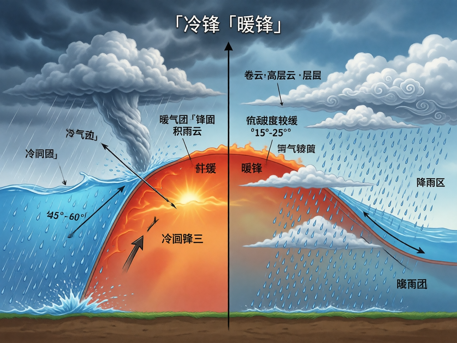 图中展示了一幅试图解释地理学中「冷锋」与「暖锋」气象原理的示意图。画面被中心的一条垂直黑线分为左右两部分，背景是阴沉的蓝灰色天空。左侧代表冷锋，显示冷空气推动暖空气上升，形成了高耸的积雨云和剧烈的降水；右侧代表暖锋，暖空气沿坡面平缓爬升，伴随大面积的降雨区。画面中心是一个发光的橙红色半圆形，象征着暖气团。构图上使用了大量箭头和文字标注，色彩对比鲜明，左侧偏冷蓝色，右侧则带有更多暖色调。

然而，这张图片存在明显的 AI 生成缺陷：首先是文字错误，图中充斥着大量无法辨认的伪造汉字和乱码，例如「冷洞园」、「冷气边」、「冷洄锋三」等，逻辑完全不通；其次是符号异常，角度标注如「15°-25°°」出现了重复的度数符号，且指向箭头的线条生硬且不符合物理透视；最后是细节缺失，云层的纹理和雨滴的分布显得机械重复，部分线条在交汇处模糊不清，缺乏专业科学插图的严谨性。