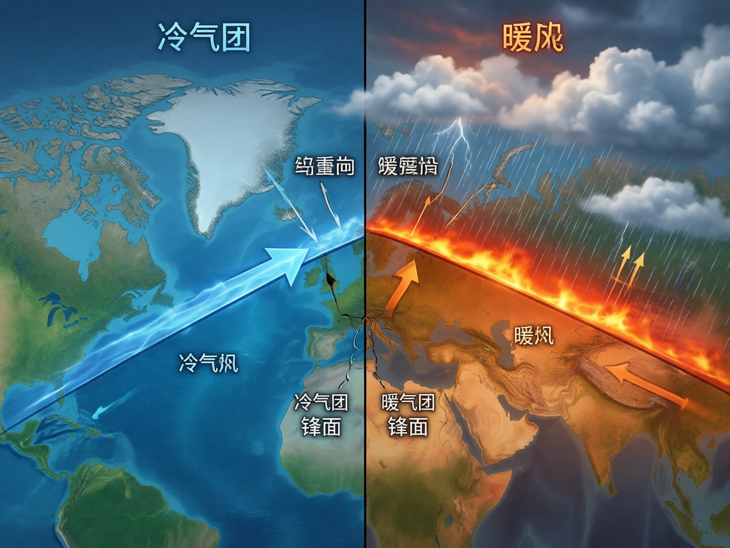 图中展示了一幅关于气象原理的示意图，背景是一张世界地图，画面被中间的一条垂直黑线平分为左右两部分。左侧代表“冷气团”，色调以深蓝和浅蓝为主，画面上方有巨大的蓝色箭头指向中心，并伴有冰雪覆盖的陆地意象；右侧代表“暖气团”，色调以橙红和棕褐色为主，上方有燃烧的火焰边界、积雨云、闪电和降雨效果。画面中分布着多处中文标注，但存在明显的 AI 生成缺陷：文字大多为错别字或乱码，例如将“暖流”误写为“暖夙”，将“冷气团”写成“冷气帆”，还有“坞重尚”、“暖轻愩”等无法辨认的词汇。此外，地图的地理轮廓极不准确，各大洲形状扭曲变形。构图上，冷暖两种力量在中心交汇，试图表现锋面的形成，但由于文字错误和地理逻辑混乱，该图仅能作为色彩对比的视觉参考，无法传递准确的科学知识。