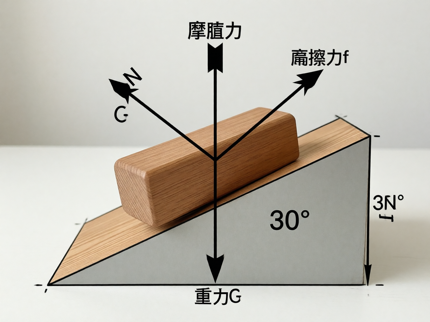图中展示了一个用于物理力学分析的模拟场景。画面中央是一个浅棕色木质长方体滑块，放置在一个灰白色的直角三角形斜面上。背景为纯净的浅灰色，构图简洁。斜面上标注有“30°”字样，右侧高度处有模糊的“3N°”标识。滑块中心延伸出四个黑色的受力分析箭头，分别标注着中文术语。

这张图片存在明显的 AI 生成缺陷，主要体现在文字错误和物理逻辑混乱上：顶部的文字出现了严重的错别字，将“摩擦力”误写为“摩膇力”和“竬擦力f”；左侧指向斜上方的箭头标注为“N”，但下方却跟着一个多余的字母“G”；垂直向上的箭头在物理受力分析中通常代表支持力，但此处却标注了错误的文字。此外，滑块与斜面的接触面透视略显生硬，右侧的数值标注也模糊不清，不符合严谨的学术规范。