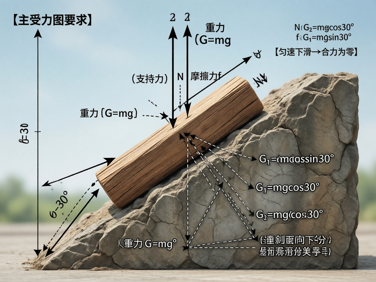 图中展示了一个关于物理受力分析的教学场景。画面中心是一块长方形的木块，斜靠在凹凸不平的灰色岩石斜面上。背景是模糊的自然光影，色调清新。木块和岩石上方叠加了大量的黑色箭头、虚线以及中文物理公式，试图解释物体在斜面上的受力情况。

然而，这张图片存在明显的 AI 生成缺陷，导致其作为教学参考具有误导性：首先，文字和符号系统极其混乱，出现了大量重叠和逻辑错误，例如“G1=mgcossin30°”这种不存在的三角函数组合，以及多处重叠的“G2=mgcos30°”。其次，受力矢量的标注完全错误，代表重力的箭头竟然向上指，且支持力和摩擦力的方向与物理常识严重背离。图中还出现了意义不明的乱码字符和断开的虚线。构图上，标注线条与物体接触点对齐不准，整体呈现出一种逻辑崩塌的视觉堆砌感。