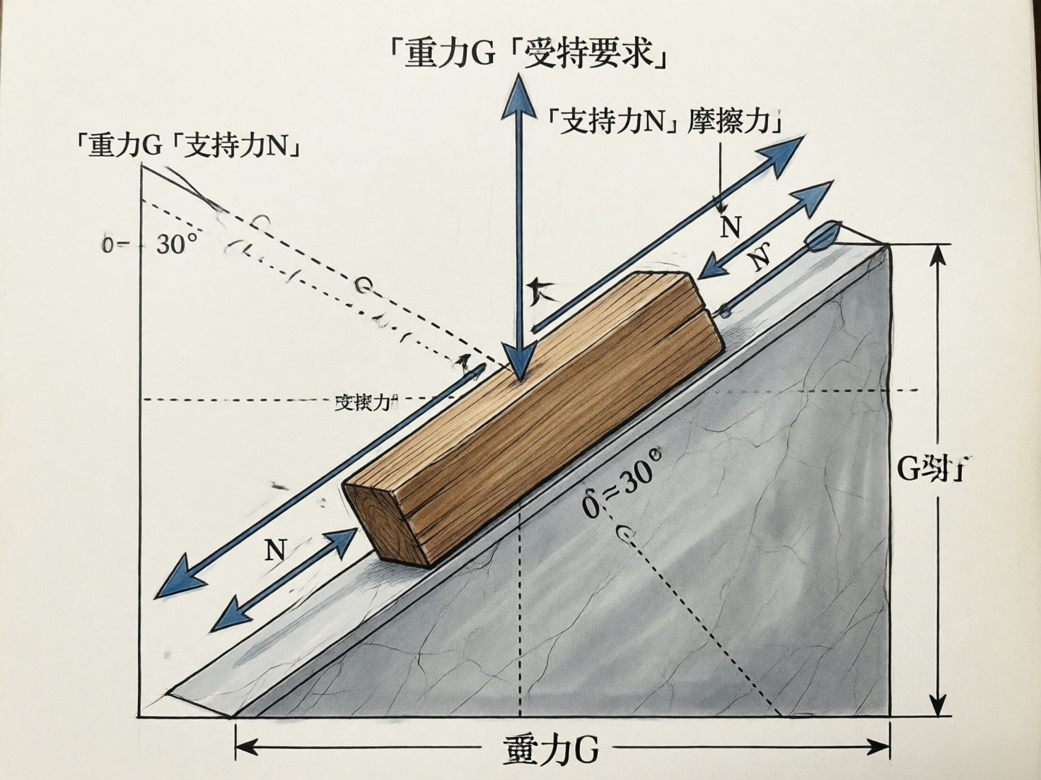 图中展示了一张试图表现物理受力分析的示意图。画面中心是一个长方体木块，放置在倾斜角度标注为 30 度的灰色斜面上。背景为米白色，构图模仿教科书插图，使用了大量的箭头、虚线和文字标注。然而，作为一张 AI 生成的图片，其逻辑存在严重缺陷：文字内容混乱，出现了如「受特要求」、「G 匀 f」等无意义的字符组合，且「重力 G」和「支持力 N」等标签被随机且错误地标注在多个方向的箭头上。物理逻辑上，代表重力的箭头竟然向上指，多个代表支持力的箭头方向各异，完全违背了力学原理。此外，线条交汇处模糊，部分虚线穿过物体的方式不符合透视规律，整体呈现出一种看似专业实则逻辑破碎的视觉效果。