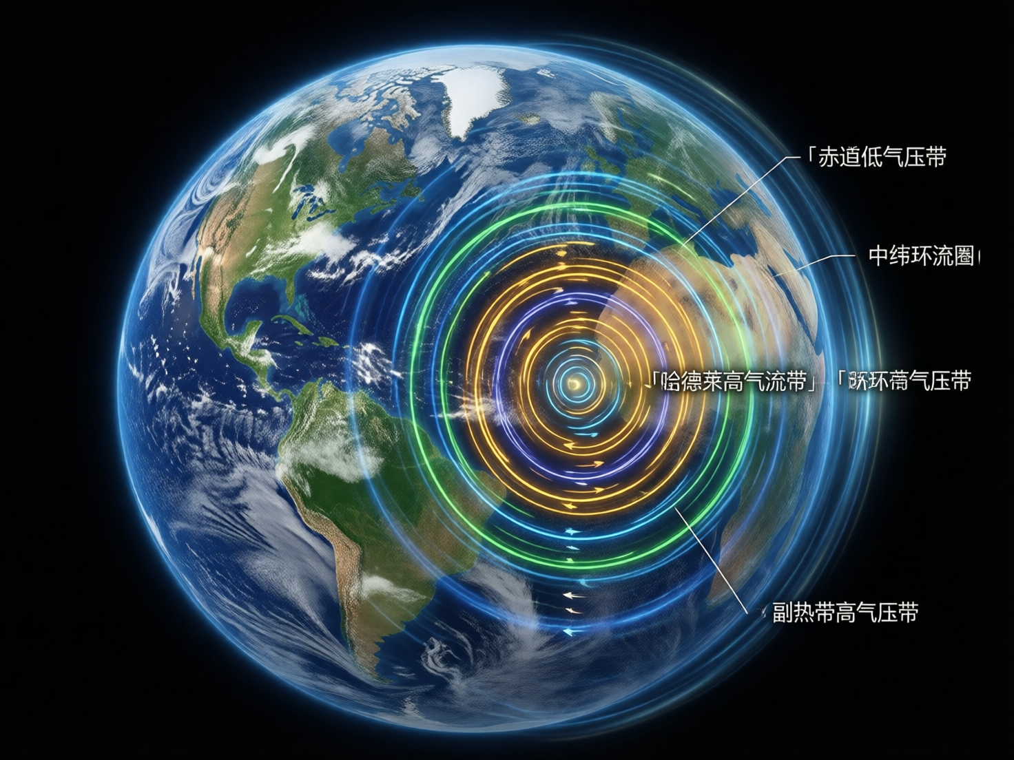 图中展示了一幅以地球为背景的科学示意图。画面中心是一个巨大的蓝色地球，背景为深邃的黑色真空。地球表面覆盖着绿色的陆地、白色的云团和深蓝色的海洋，展现出美洲、非洲及大西洋的地理轮廓。在地球的中心位置，叠加了一组发光的同心圆环，颜色从内向外由明亮的黄色渐变为绿色和蓝色，圆环上带有指示方向的小箭头，模拟某种气流或能量场的旋转。画面右侧带有若干中文标注，如「赤道低气压带」、「副热带高气压带」等。

在 AI 生成缺陷方面，画面存在明显的逻辑和文字错误：首先，地理科学术语出现了严重的拼写错误和乱码，例如「哈德莱高气流带」并非标准术语，且右侧出现了重叠、残缺的文字块（如「中纬环流圈」后的乱码）。其次，气压带的同心圆构图完全背离了真实的地球物理规律，将全球性的纬度带简化为了局部地区的靶心状圆环。此外，地球边缘的蓝色光晕略显生硬，文字引线与圆环的指向关系也较为模糊。