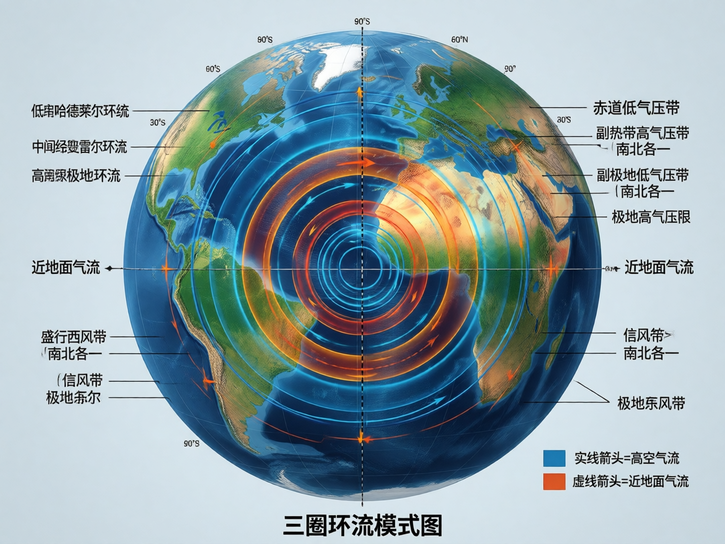 图中展示了一张试图解释地球“三圈环流模式”的示意图。画面中心是一个巨大的地球球体，背景为淡蓝色。地球表面覆盖着多层发光的同心圆环，橙色代表近地面气流，蓝色代表高空气流。球体两侧分布着大量的中文标注，如“赤道低气压带”、“信风带”等。然而，这张图片存在明显的 AI 生成缺陷：首先，地理逻辑完全错误，同心圆环像靶心一样叠加在非洲和 Atlantic 洋上，而非按照纬度平行分布；其次，文字虽然是中文，但内容逻辑混乱，出现了如“低串哈德莱尔环统”、“中间经毁雷尔环流”等大量生造的错别字和病句；地球的陆地轮廓也发生了严重扭曲，南北极标注（如 90°S 出现在顶部和底部）极其混乱。整体而言，这是一张视觉华丽但科学逻辑与文字表达均存在严重错误的 AI 误绘图。
