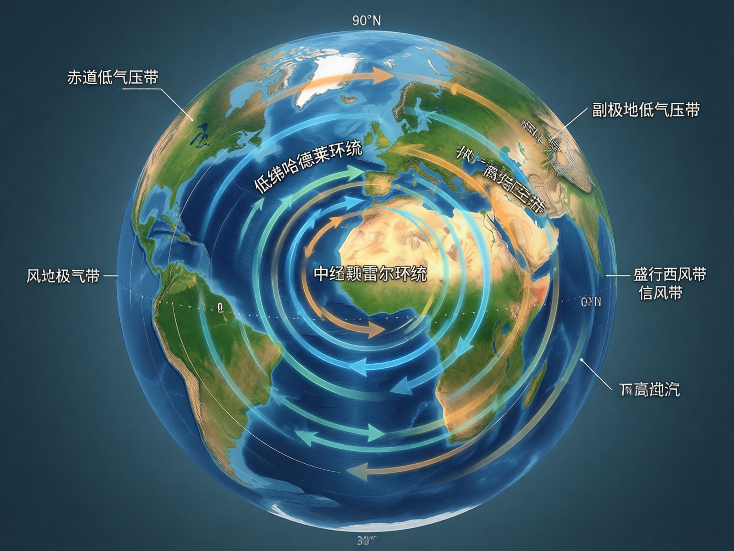 图中展示了一个以地球为背景的地理示意图，旨在说明全球大气环流的概念。画面中心是地球球体，展现了非洲、欧洲及大西洋的地理轮廓，海陆颜色以深蓝、翠绿和土黄为主。地球表面覆盖着多层发光的环形箭头，颜色在青蓝色与橙黄色之间过渡，模拟气流的旋转运动。画面四周分布着多条中文标注，如“赤道低气压带”、“中纬费雷尔环流”等。

然而，作为一张 AI 生成的图片，画面中存在明显的逻辑和视觉缺陷。首先，文字标注出现了严重的乱码和重叠，例如右侧的“盛行西风带信风带”字样重合，右上角和右下角的文字则完全扭曲无法辨识。其次，地理科学逻辑混乱，环流箭头的排布方式并不符合真实的大气三圈环流规律，而是呈现出一种类似旋涡的同心圆结构。此外，部分地理轮廓模糊且不准确，文字引线指向不明，整体作为教学参考具有误导性。