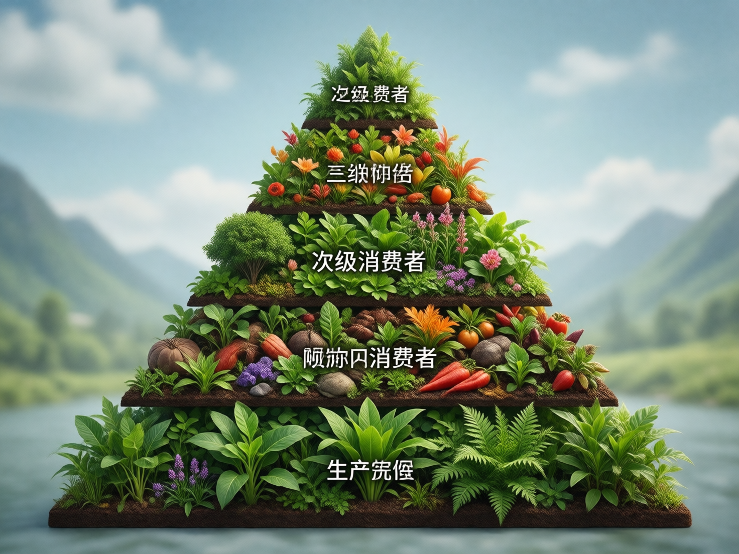 图中展示了一个以自然风光为背景的生态金字塔模型。金字塔由五层阶梯状的土壤平台组成，每一层都生长着茂密的植物、花卉或蔬果。底层是宽阔的绿色植被，向上依次排列着胡萝卜、甜菜、各类绿叶菜以及顶端的微型灌木。背景是模糊处理的翠绿山峦和清澈的湖泊，天空呈现柔和的蓝白色调。整幅画面色彩鲜艳，以绿色为主基调，点缀着红、橙、紫等亮色。

然而，画面中存在明显的 AI 生成缺陷，主要体现在文字和逻辑上：每一层平台中心都悬浮着白色中文字符，但除了中间的“次级消费者”字迹较清晰外，其余文字均出现了严重的笔画扭曲、重叠和乱码现象（如“生产究堡”、“顾沵凡消费者”等），完全无法正常阅读。此外，金字塔的结构逻辑与生态学常识不符，原本应代表不同营养级的层级，在视觉上却全部由植物和蔬菜堆砌而成，缺乏动物等消费者的形象。部分植物的生长形态也显得不够自然，存在透视上的细微偏差。