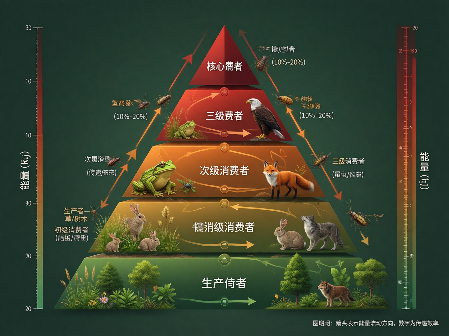 画面中展示了一个以深绿色为背景的生态能量金字塔示意图。金字塔分为五层，颜色从底部的深绿色向上过渡为浅绿、橙黄、橙红，最顶端为深红色。每一层都绘有不同的动植物，如底层的树木草丛、中层的兔子、狼、狐狸、青蛙，以及高层的老鹰和昆虫。金字塔两侧配有红绿渐变的刻度尺，标注着「能量」字样。

然而，这张图片存在明显的 AI 生成缺陷：首先是文字错误极其严重，画面中出现了大量乱码和错别字，例如「生产侍者」、「核心费者」、「次级消费者」以及无法辨认的合成字符。其次，逻辑与比例失调，例如狐狸和青蛙被并列放在同一层，且体型比例不协调；底层的狼甚至比树木还大。此外，金字塔左侧的刻度数字逻辑混乱，出现了多个重复的「10」和「20」。部分动物的肢体细节模糊，线条与背景箭头交错杂乱，缺乏严谨的科学示意图逻辑。