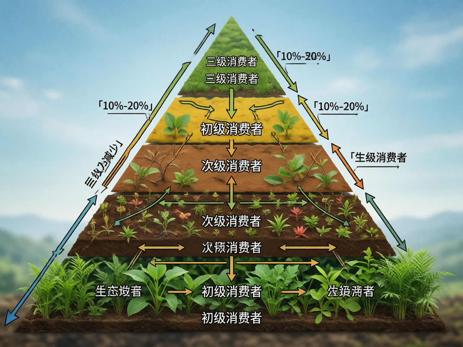 画面中展示了一个以自然景观为背景的生态金字塔示意图，背景是模糊的蓝天与远山。金字塔由五层不同颜色的土壤和植被组成，从底部的深褐色基座向上过渡为棕色、黄色，顶端是绿色草坪。每一层都点缀着写实的绿色植物，并配有复杂的中文标注和箭头。

然而，这张图片存在明显的 AI 生成缺陷，导致逻辑完全混乱。首先，文字内容极度重复且错误，如底层同时标注了「生态生产者」和「初级消费者」，中间多层被错误地标注为重复的「次级消费者」，顶端则重复出现「三级消费者」。其次，箭头指向毫无逻辑，能量流动的方向相互冲突，甚至出现了指向不明的乱码符号。部分文字如「生级消费者」、「次预消费者」存在明显的错别字和笔画扭曲。此外，金字塔边缘的百分比标注「10%-20%」排版凌乱，线条断裂，无法准确传达生态学中的能量金字塔概念。