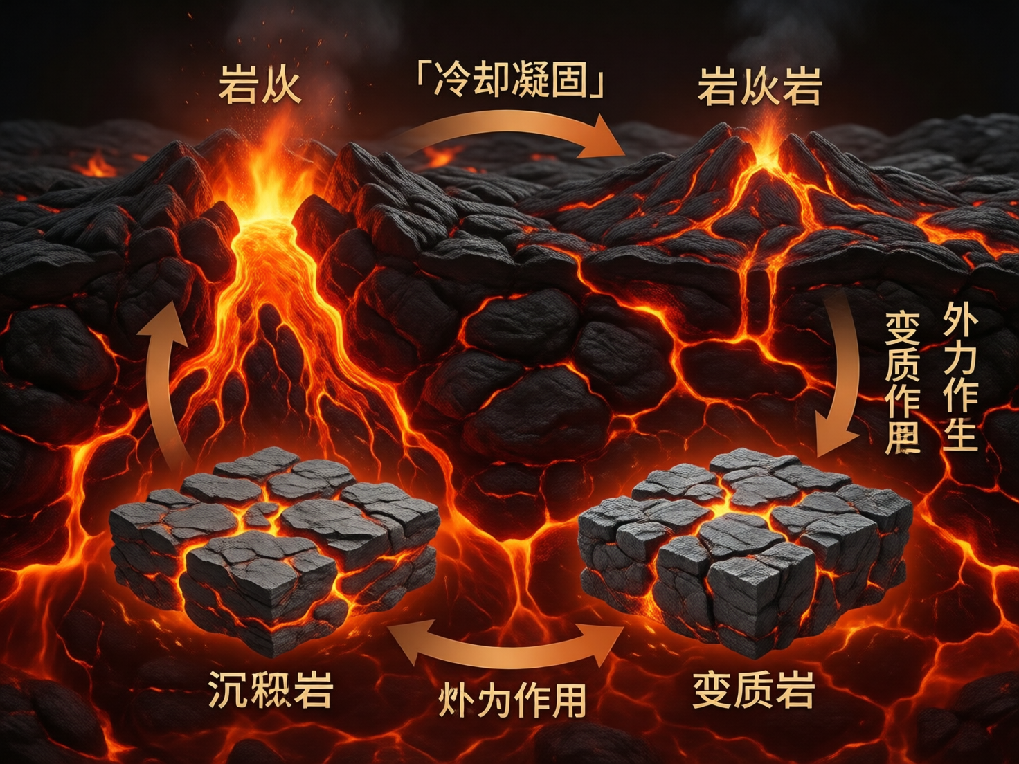 画面中展示了一个模拟地质循环的 3D 景观，背景是暗黑色的岩浆冷却地表，其间流淌着明亮的橘红色熔岩。画面中心分布着四个主要的文字标注点和对应的地质模型，并由金色箭头连接形成循环。左上方是喷发的火山，标注为「岩伙」；右上方是冷却的火山，标注为「岩伙岩」；下方左右两侧各有一个由方块岩石组成的平台，分别标注为「沉积岩」和「变质岩」。整体色调以黑、红、金为主，营造出一种炽热的地下世界氛围。

然而，作为 AI 生成的图像，画面中存在多处明显的文字错误和逻辑缺陷。首先，地质学术语出现了严重的错别字，如将“岩浆”误写为「岩伙」，将“岩浆岩”误写为「岩伙岩」，将“外力作用”误写为「外力作生」和「灶为作用」，且「变质作用」的最后一个字模糊不清。其次，箭头的指向逻辑较为混乱，并未准确表达岩石圈物质循环的科学规律。此外，岩石平台的方块结构过于规整，看起来更像是游戏中的像素方块而非自然岩石。