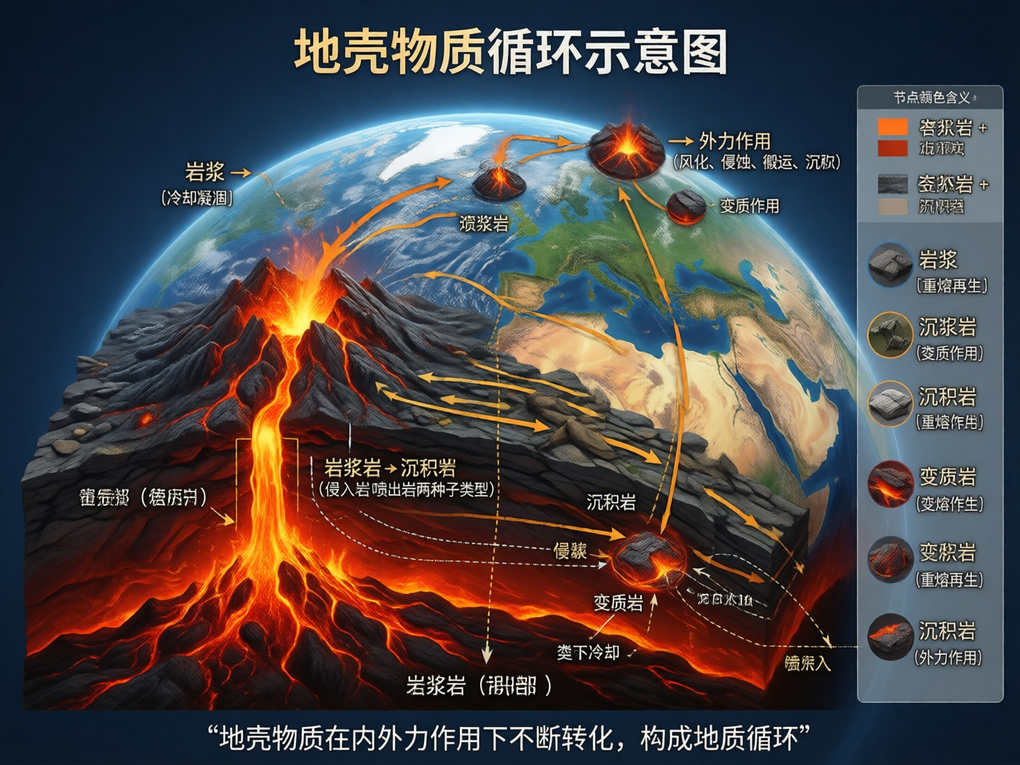 图中展示了一张关于“地壳物质循环”的科普示意图，背景是一个巨大的地球球体，前景是地壳剖面与喷发的火山。画面色调以岩浆的亮橙色和岩石的深灰色为主。左侧有一座正在喷发的火山，火红的岩浆顺着山坡流下，并深入地下。复杂的橙色箭头连接着火山、地表岩石和地下深处，试图展示岩浆岩、沉积岩和变质岩之间的转化过程。右侧配有图例，展示了不同岩石类型的样本。

然而，作为一张 AI 生成的图片，画面中存在多处明显的逻辑与文字缺陷。首先，文字内容混乱且存在大量错别字或臆造词，例如“沉浆岩”、“变积岩”、“侵浆”等，且许多汉字笔画扭曲、无法辨认。其次，科学逻辑存在错误，如将“岩浆”标注为一种岩石样本，且箭头的指向与地理常识不符。此外，地壳剖面的透视关系生硬，右侧图例中的岩石纹理重复感强，缺乏真实的矿物特征。整体而言，该图虽视觉冲击力强，但文字与科学信息的准确性较低。