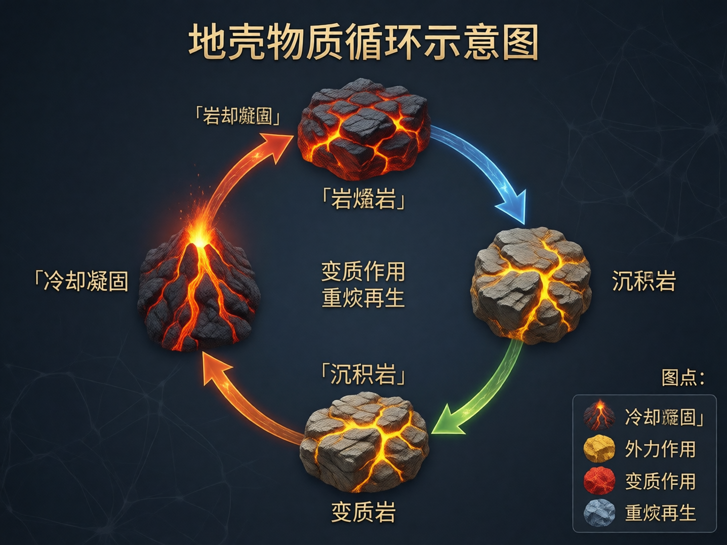 图中展示了一张关于“地壳物质循环”的科普示意图，背景为深蓝色的科技感底纹。画面中心由四个代表不同地质状态的物体组成一个圆环，包括一座喷发的火山和三块带有裂隙、内部透出岩浆亮光的岩石。橙、蓝、绿、黄四色发光箭头连接着这些物体，展示循环过程。然而，作为 AI 生成的图像，其内容存在严重的逻辑和文字错误。首先，文字标注极度混乱且不符合地质学常识，例如出现了“岩熽岩”、“重焥再生”等生造词汇，且多处标签如“冷却凝固”与“沉积岩”被错误地重复标注在不匹配的位置。其次，图形元素缺乏科学性，所有的岩石模型看起来高度相似，仅在光影上略有区别，无法区分岩浆岩、沉积岩和变质岩的特征。右下角的图例说明也与主图内容无法对应，文字排版存在重叠和错位，是一张视觉精美但信息错误的示意图。