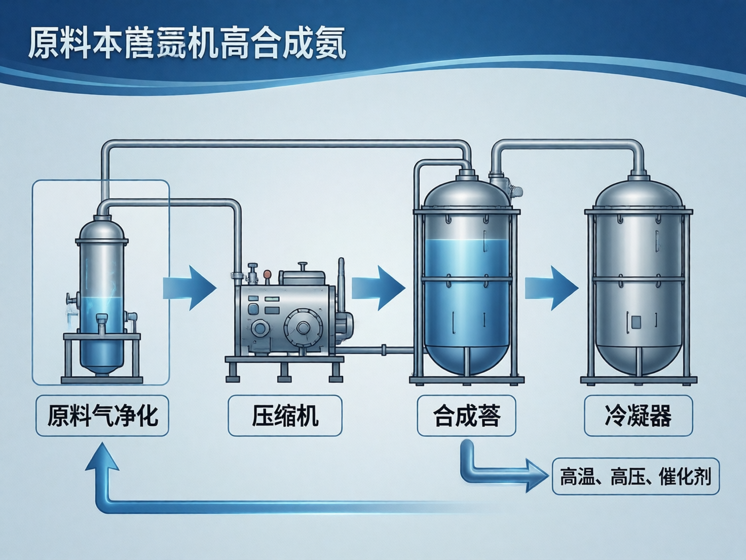 图中展示了一张关于合成氨工艺流程的科普示意图，整体采用淡蓝色背景，风格简洁。画面中心从左至右排列着四个主要的工业设备模型，分别是原料气净化装置、压缩机、合成塔和冷凝器。这些设备呈现出金属质感的灰色和蓝色，彼此之间通过管道和指示箭头连接，形成一个循环系统。

然而，作为一张 AI 生成的图片，画面中存在多处明显的逻辑和文字错误。首先，顶部的标题文字「原料本菅灵机高合成氨」和下方的标签「合成蓉」均包含无法识别的错别字或生僻字，缺乏实际意义。其次，管道的连接逻辑存在透视异常，例如最左侧净化装置上方的管道在转折处显得生硬且不符合物理结构。此外，右下角的文字框虽然标注了「高温、高压、催化剂」，但其指向的箭头与主循环路径的衔接显得突兀，缺乏严谨的工艺流程逻辑。