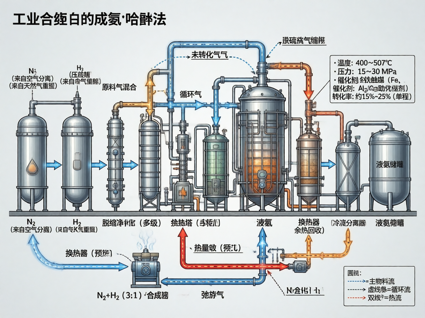 画面中展示了一张关于“哈伯法”工业合成氨流程的示意图。背景为淡灰色，主体由一系列银灰色的工业罐体、反应器和错综复杂的蓝色、橙色管道组成。流程从左侧的氮气和氢气输入开始，经过多级净化、换热和合成，最终在右侧产出液氨。图中使用了大量的中文标注和化学符号，并配有技术参数表和图例。

然而，作为一张 AI 生成的图片，画面中存在多处明显的逻辑和文字缺陷。首先，标题文字“工业合缠白的成氨·哈酥法”存在严重的错别字和乱码；其次，正文中的许多标注文字如“（来自令K气重瘟）”、“换热塔（手茬心）”以及图例中的文字均模糊不清或完全无法辨识，属于典型的 AI 字符生成错误。在构图上，部分管道的连接逻辑混乱，线条在交汇处出现断裂或无意义的缠绕，且右侧的“液氨储罐”标注重复且指向不明。整体而言，该图虽具有工业流程图的轮廓，但其文字内容和细节逻辑并不可靠。