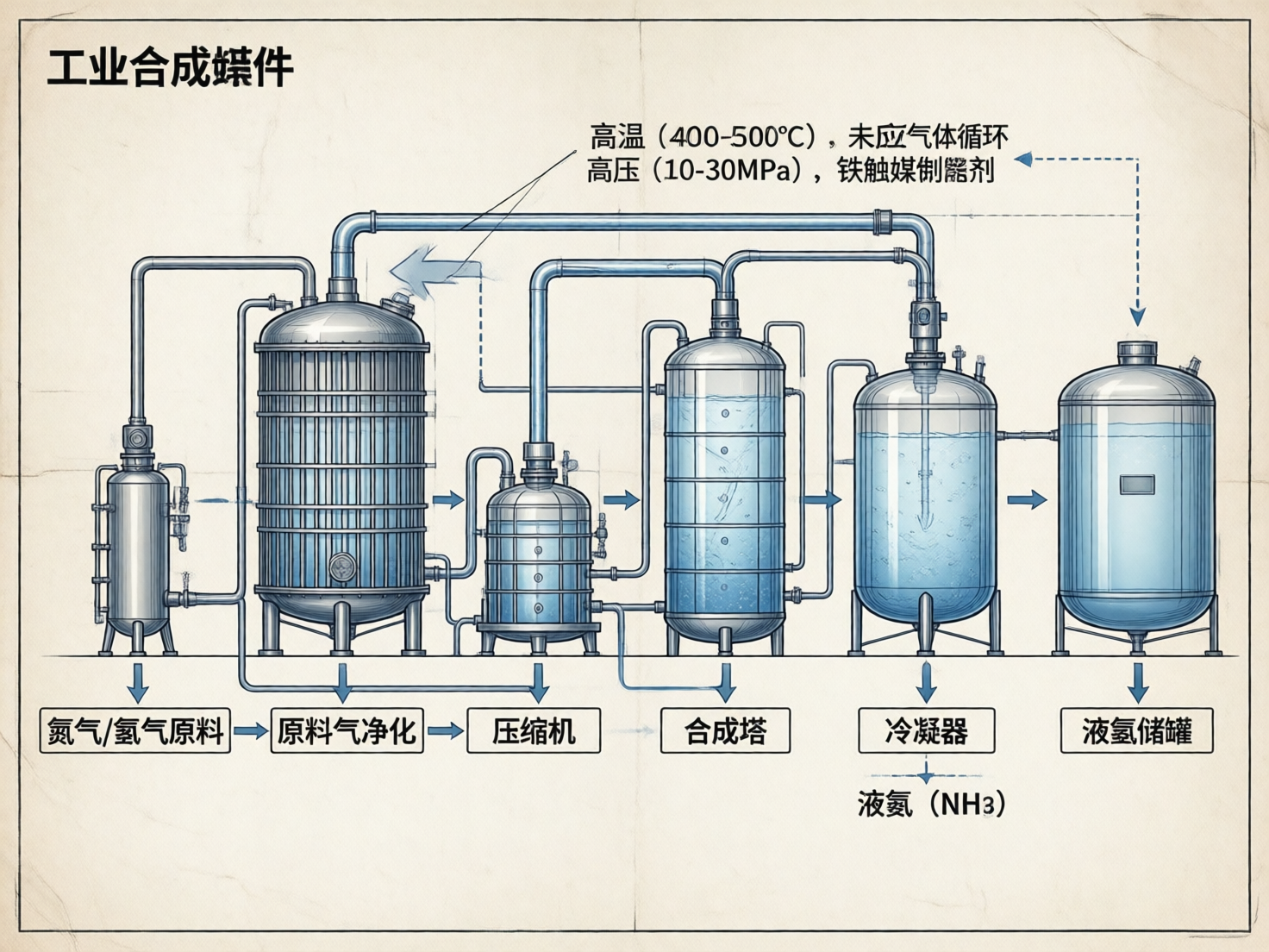 画面中展示了一张关于“工业合成氨”流程的示意图，背景为淡黄色的复古纸张质感。图中从左至右排列着五个主要的金属工业罐体，通过复杂的蓝色管道相互连接。底部配有中文标签，依次标注为氮气/氢气原料、原料气净化、压缩机、合成塔、冷凝器和液氢储罐。整体色调以冷蓝色的金属感为主，构图呈现线性的工艺流程。

然而，作为一张 AI 生成的图片，画面存在多处明显的逻辑和文字缺陷。首先，标题中的“合成氨”被错误地写成了“合成媒件”；底部最后一个标签将“液氨”误写为“液氢储罐”，尽管其下方的小字正确标注了“液氨 (NH3)”。此外，右上角的文字说明中，“铁触媒制备剂”被写成了“铁触媒制髫剂”，且部分指向箭头的逻辑混乱，管道的连接处存在透视重叠和结构不合理的情况，属于典型的 AI 生成错误。