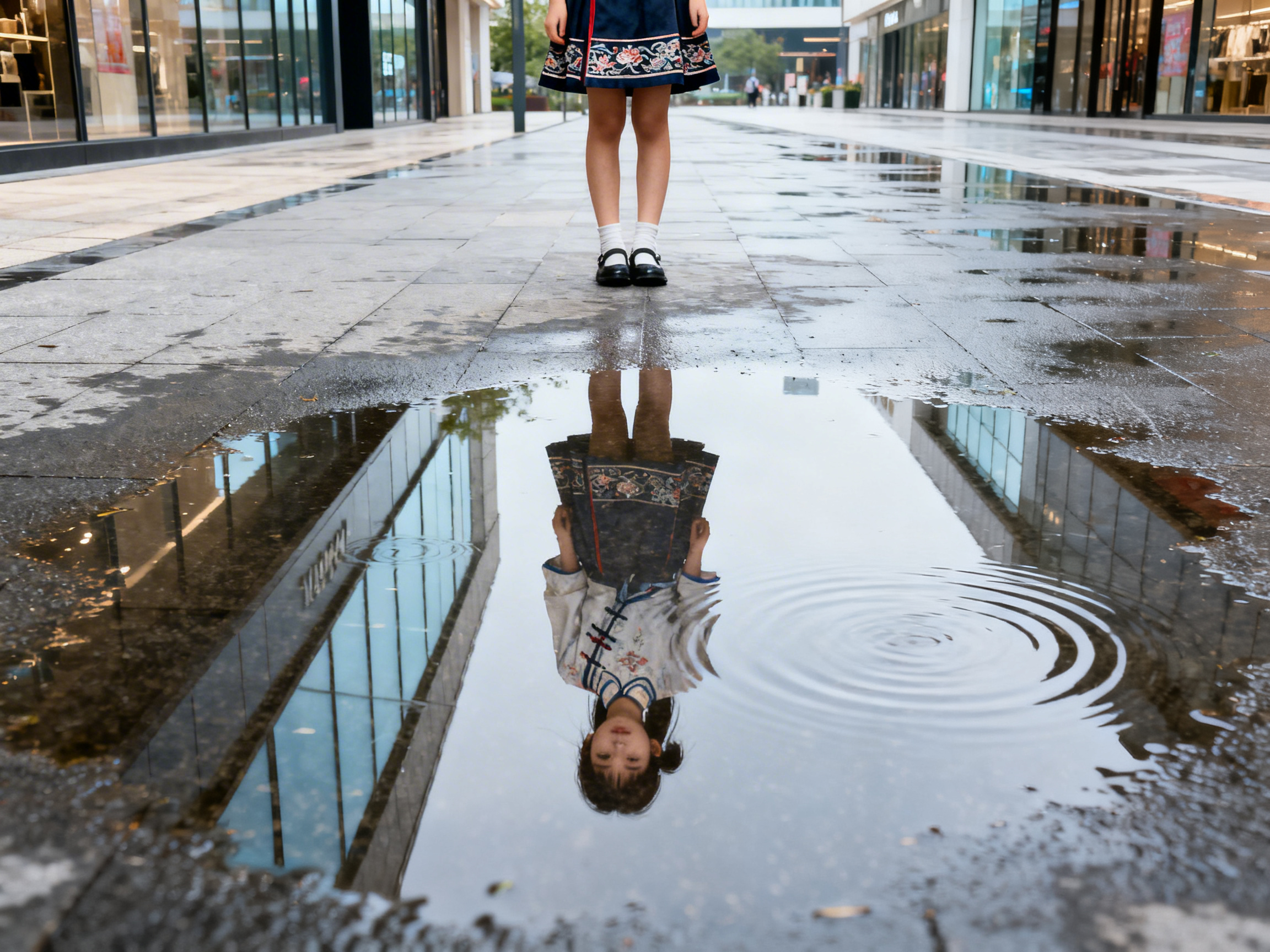 图中展现了一个极具创意但逻辑超现实的场景。画面中心是一个现代商业街的石板地面，地面上有一滩积水。在积水上方，只能看到一个穿着深蓝色民族