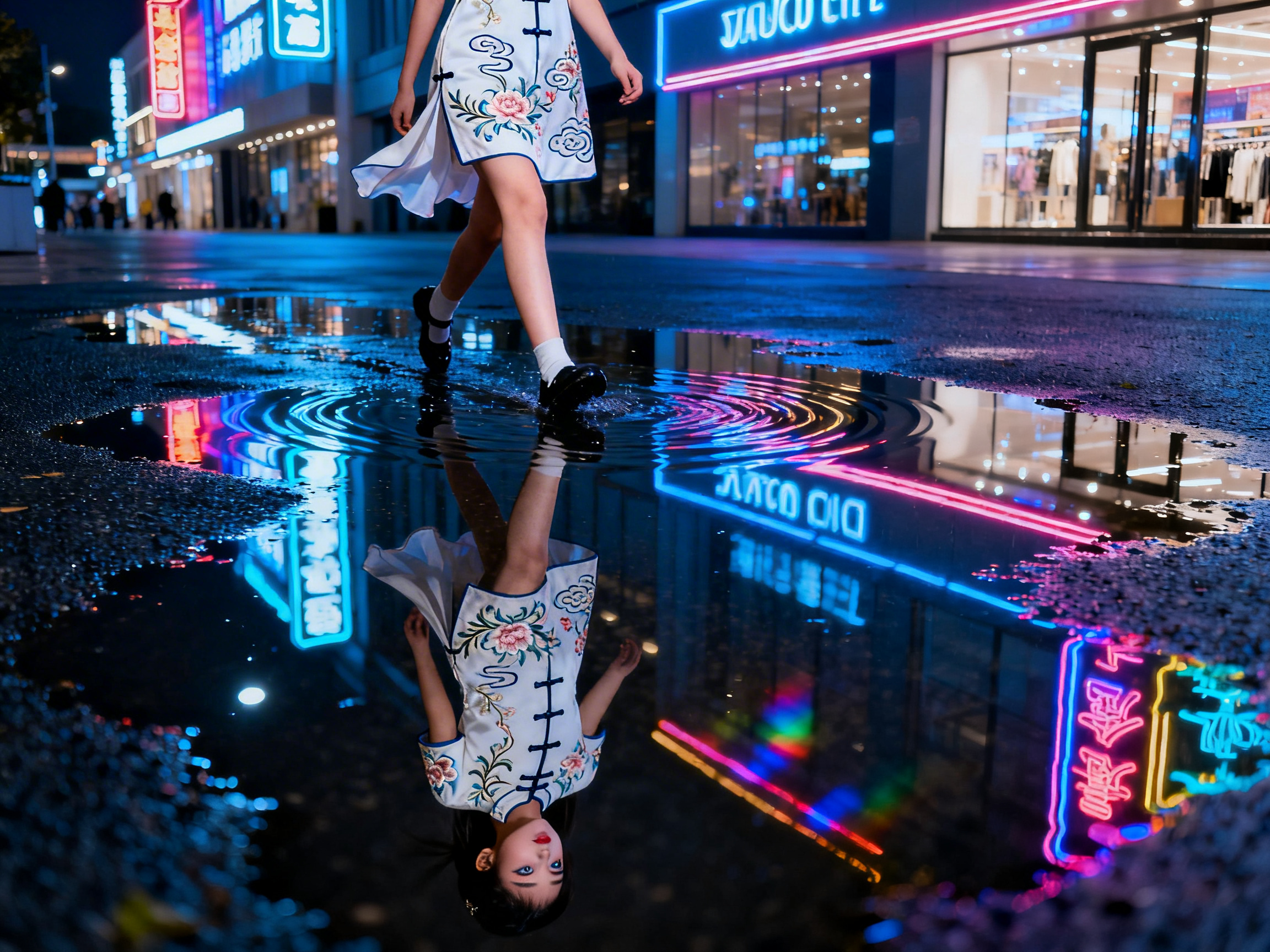 图中展现了一个充满赛博朋克气息的都市夜晚街道。画面中心，一位穿着白色绣花旗袍的女性正迈步跨过地面的积水，镜头聚焦在她的下半身。旗袍上有精致的粉色花朵和蓝色云纹，她穿着白色短袜和黑色皮鞋，脚尖轻点水面激起一圈圈涟漪。背景是繁华的商业街，布满了明亮的蓝色和粉色霓虹灯招牌。最引人注目的是地面积水的倒影，它不仅清晰地反射出街道的灯光，还完整地映照出女子的全身，包括在上方画面中被截掉的头部。

画面中存在明显的 AI 生成缺陷：首先，倒影与实物严重不符，水面上方的女子只露出了腰部以下，但倒影中却出现了一个完整的、正脸朝向镜头的头部，且倒影中的旗袍款式与上方实物在细节上略有出入。其次，背景中的霓虹灯文字呈现为杂乱无意义的符号，并非真实的语言。此外，女子迈步的姿态与倒影中的身体重心在物理透视上显得不够自然。