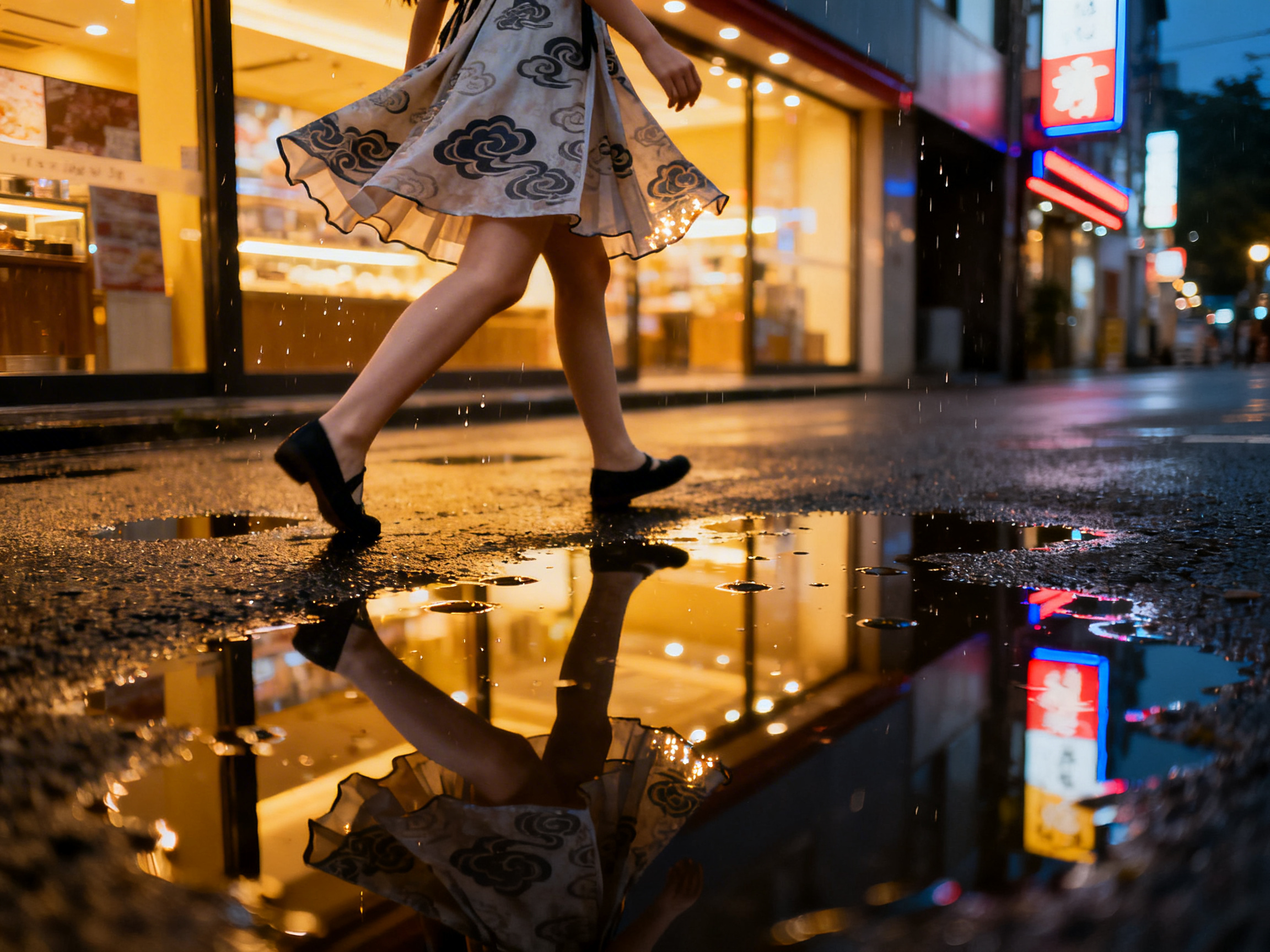 图中展现了一个雨后夜晚的城市街景，镜头采用低角度拍摄，重点捕捉了一位正在行走的女性下半身及其在积水中的倒影。画面背景是灯火通明的商店橱窗，散发出温暖的金黄色光芒，与右侧蓝红相间的霓虹灯招牌形成冷暖对比。这位女性穿着一件带有深色云纹图案的浅色百褶裙，裙摆随行走动作微微扬起，脚穿黑色平底布鞋。地面湿漉漉的，近处的一滩积水清晰地倒映出她的双腿、裙摆以及背景中的璀璨灯光，水面上还点缀着零星的雨滴波纹。

在 AI 生成的细节方面，存在一些明显的逻辑缺陷：画面右侧的红色霓虹灯招牌上的文字模糊且无法辨认，属于典型的 AI 乱码。最显著的问题在于透视与倒影的对应关系，积水中的倒影虽然清晰，但其位置与实物的空间角度略显生硬，且画面中落下的雨滴分布不自然，部分雨丝在空中呈现出断裂或不规则的悬浮状态，缺乏真实的重力感。