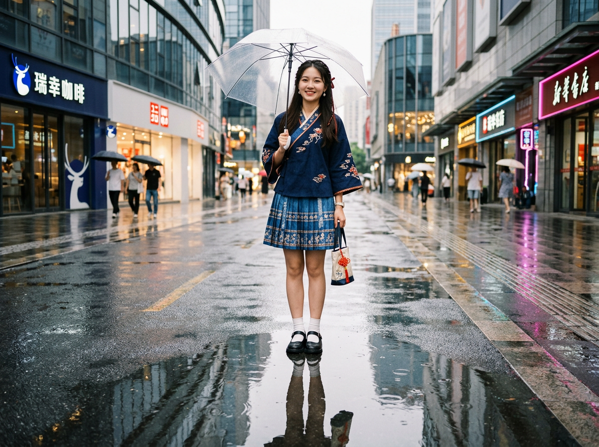 图中展示了一位年轻女性站在雨后湿漉漉的城市步行街中心。她面带微笑，手持一把透明的长柄雨伞，身穿深蓝色带有民族风刺绣的交领上衣和同色系的百褶短裙，脚穿黑色玛丽珍鞋配白袜，整体风格融合了传统与现代。街道两旁是现代化的商业建筑，可以看到瑞幸咖啡、优衣库等品牌的招牌。地面因积水倒映出女子的身影和周围的灯光，营造出一种清新宁静的氛围。

在 AI 生成细节方面，画面存在几处明显的逻辑缺陷：首先，女子右手握住伞柄的方式非常怪异，手指显得扭曲且与伞柄的连接不自然；其次，她左手提着的小包提手直接“悬浮”在手腕处，缺乏真实的物理支撑感；背景中的店铺招牌文字存在乱码和变形，例如右侧红色的“新华书店”字样笔画残缺不全；此外，远处行人的身体比例和动作也略显僵硬，与环境的融合度欠佳。