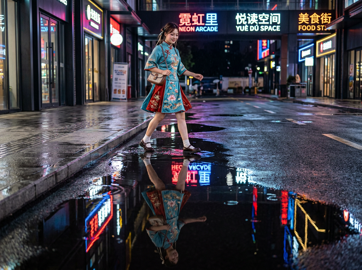 图中展示了一位年轻女性在雨后夜晚的城市商业街漫步的场景。她身穿一件改良版的青蓝色刺绣旗袍短裙，裙摆带有红色拼接，斜跨着一个小皮包，正迈步跨过地面上的积水。背景是充满现代感的街道，上方悬挂着“霓虹里”、“悦读空间”等色彩斑斓的霓虹灯招牌，地面湿滑，倒映着五光十色的灯光和人物身影。整体色调以深蓝和黑色为主，点缀着鲜艳的红、黄、蓝光影，营造出一种赛博朋克风格的都市氛围。

画面中存在明显的 AI 生成缺陷：首先是人物的手部，右手抓握包带的姿势非常僵硬，手指线条模糊且融合在一起；其次是文字处理，虽然招牌上的中文清晰，但下方的英文拼写存在错误，如“FOOD ST”后缺失字母；最明显的逻辑错误在于积水中的倒影，倒影中的人物头部位置与实物不符，且倒影中的招牌文字并未完全遵循物理反射规律，呈现出扭曲和错位。此外，人物跨步的姿态与地面积水的接触点显得有些漂浮，缺乏真实的重力感。