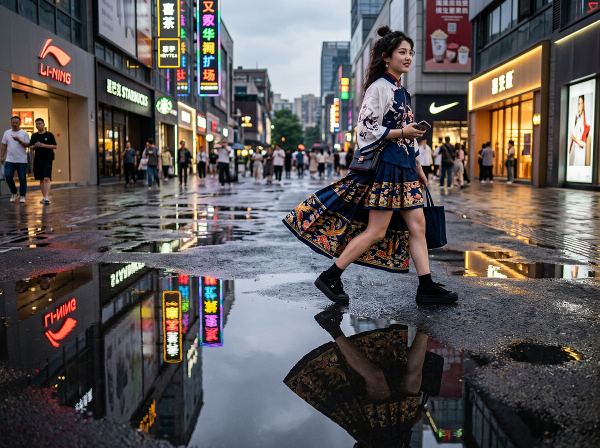 图中展现了一个雨后初晴的繁华商业街景，地面湿滑并有多处积水，倒映着五彩斑斓的霓虹灯光。画面主体是一位身穿改良版深蓝色马面裙和白色刺绣上衣的年轻女性，她正迈步向右行走，面带微笑。背景是林立的商铺，可以看到李宁、星巴克、喜茶等品牌的招牌，行人往来穿梭，整体色调在阴天背景下显得明亮且富有生活气息。

然而，画面中存在多处明显的 AI 生成缺陷：最显著的是女子的手部，她右手握着的手机与手指严重融合变形，左手提包的手柄也显得模糊且结构不合理。此外，背景中的文字存在拼写错误或笔画扭曲，例如“LI-NING”下方的文字和部分中文招牌显得模糊不清。地面水洼中的倒影与实物在透视和位置上并不完全吻合，尤其是女子腿部的倒影显得有些僵硬。背景中远处的行人面部特征模糊，身体比例也略显失调。